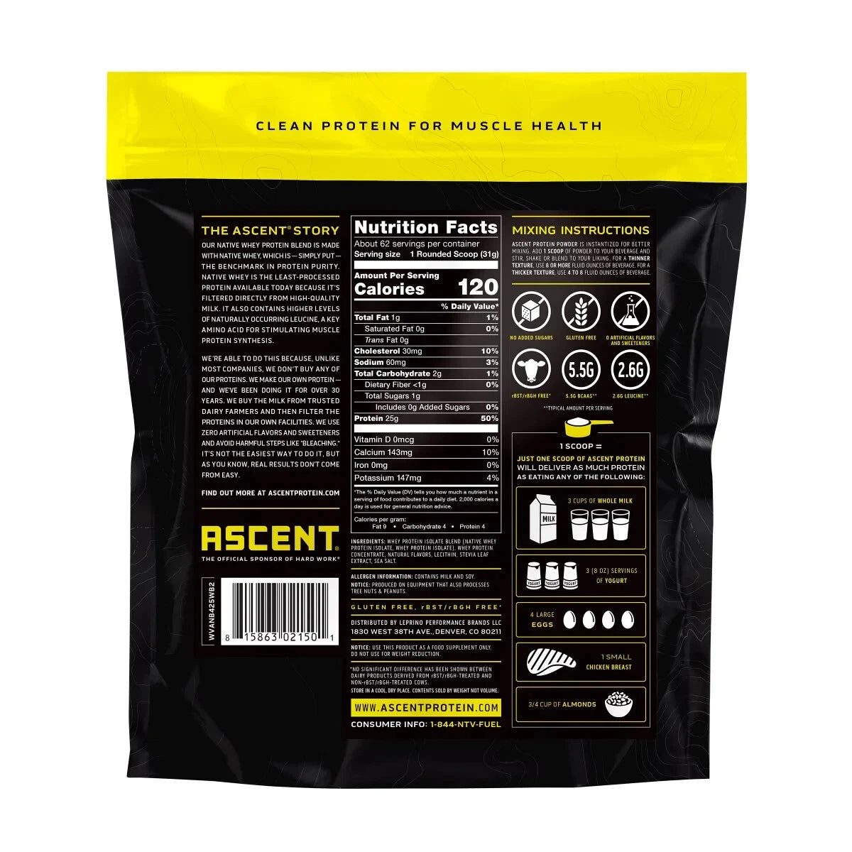 Tabela nutricional da Ascent 100% Whey Vanilla Bean com 25 g de proteína por porção.