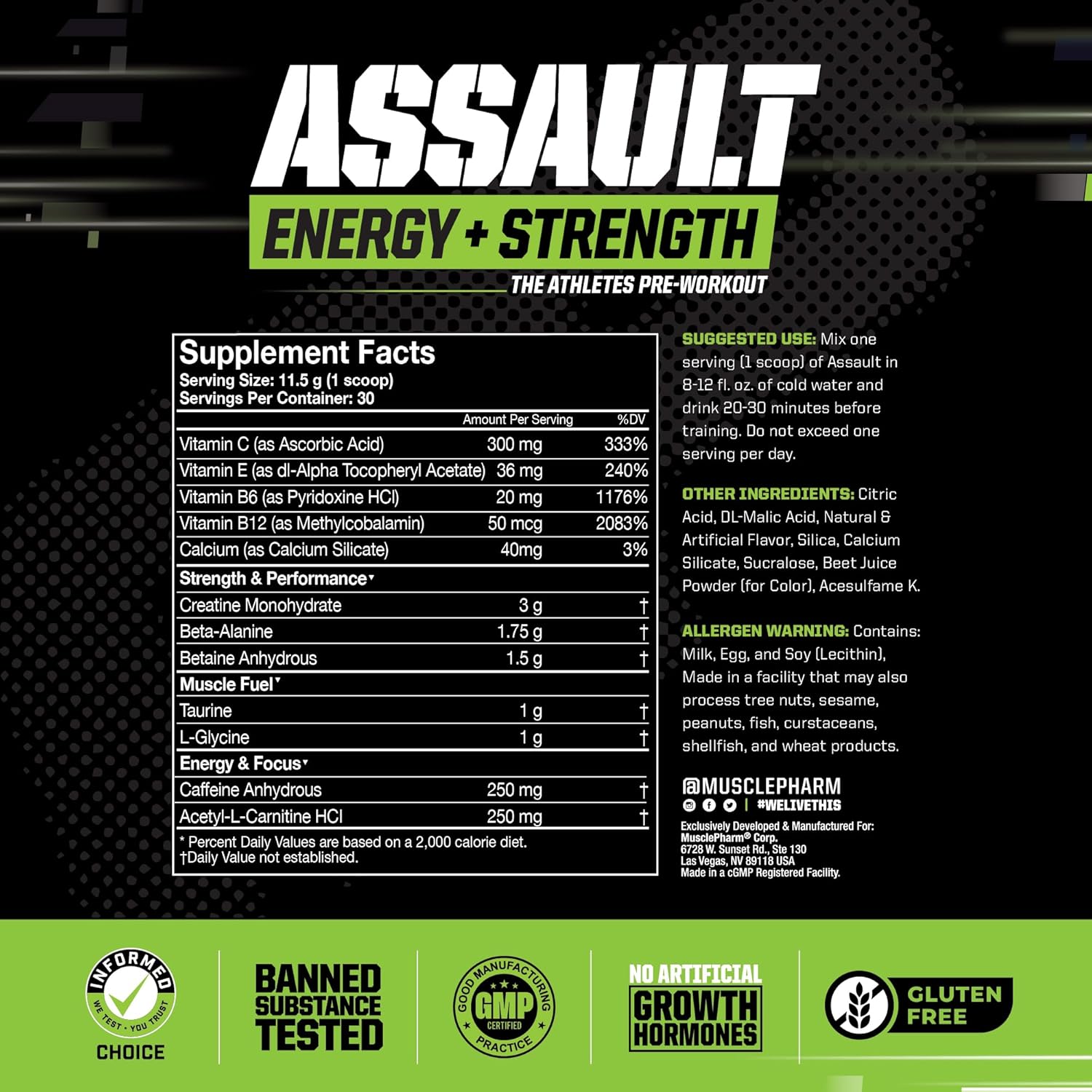 Leve seu treino a outro nível com o pré-treino Assault. Fórmula com creatina, beta-alanina e cafeína para mais força e energia. Certificado pela Informed-Choice.