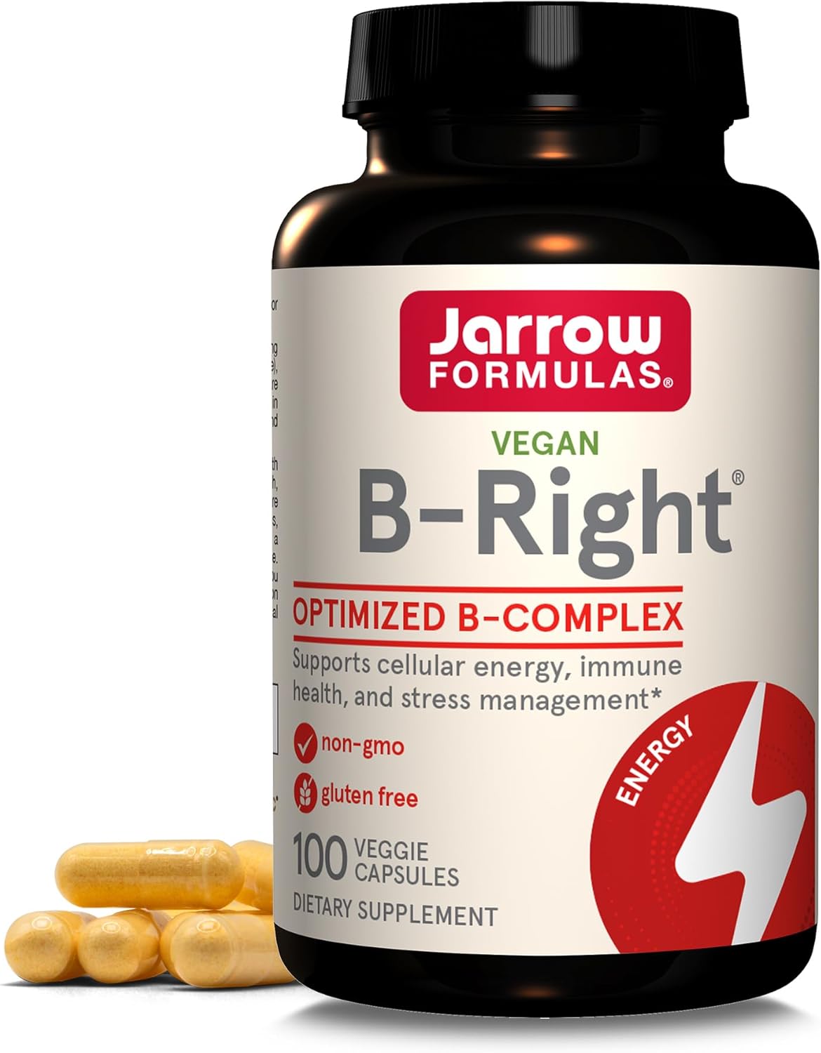 Frasco do suplemento Jarrow Formulas B-Right Complex com 100 cápsulas vegetais, complexo de vitaminas B de alta absorção para suporte ao metabolismo, energia, sistema nervoso e redução do estresse. Produto sem glúten, sem OGM e de baixo odor.