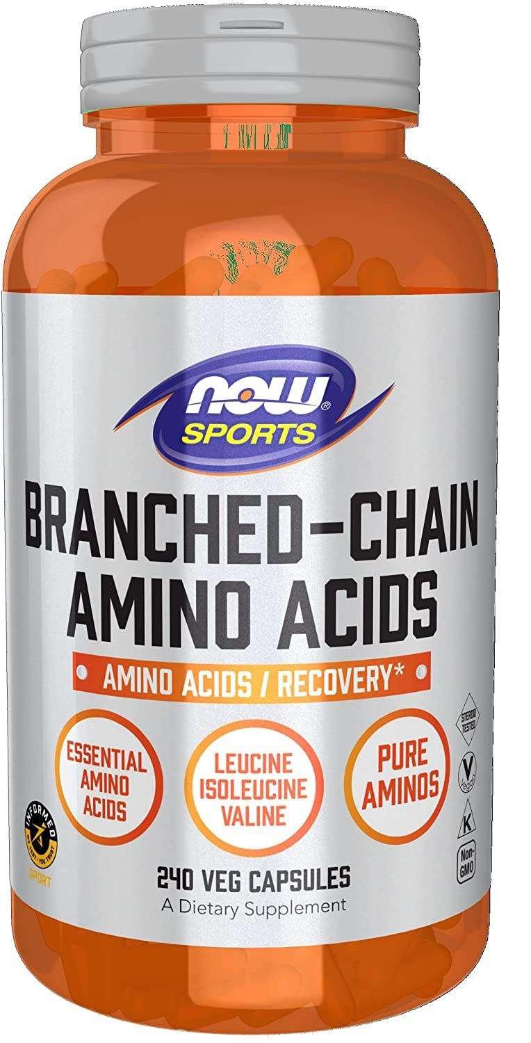 Frasco branco do suplemento NOW Sports BCAA com 240 cápsulas, exibindo o rótulo laranja e azul com o logo da NOW.