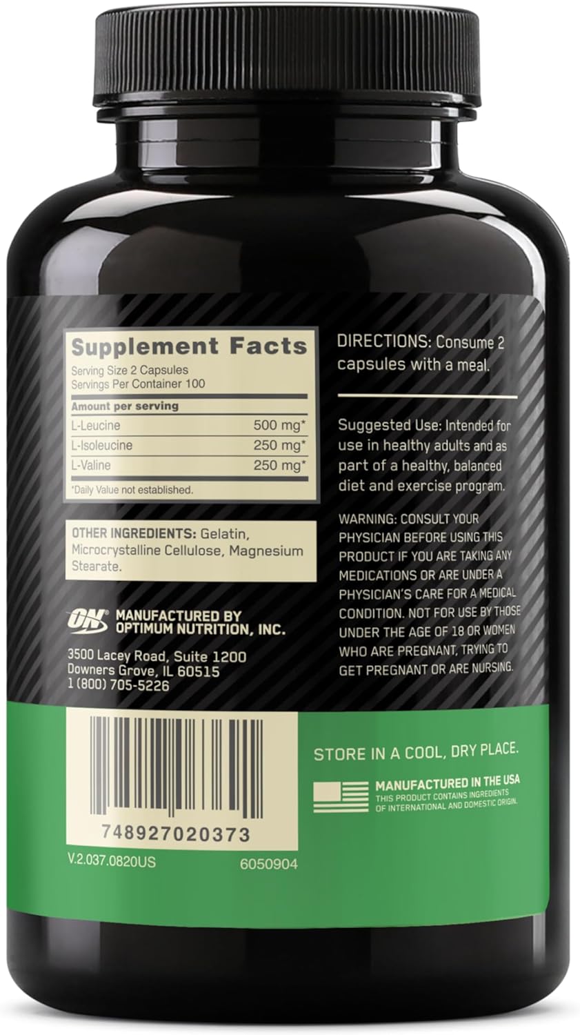 Optimum Nutrition BCAA Instantâneo – Aminoácidos Essenciais de Cadeia Ramificada em Cápsulas, 1000mg, 200 Unidades