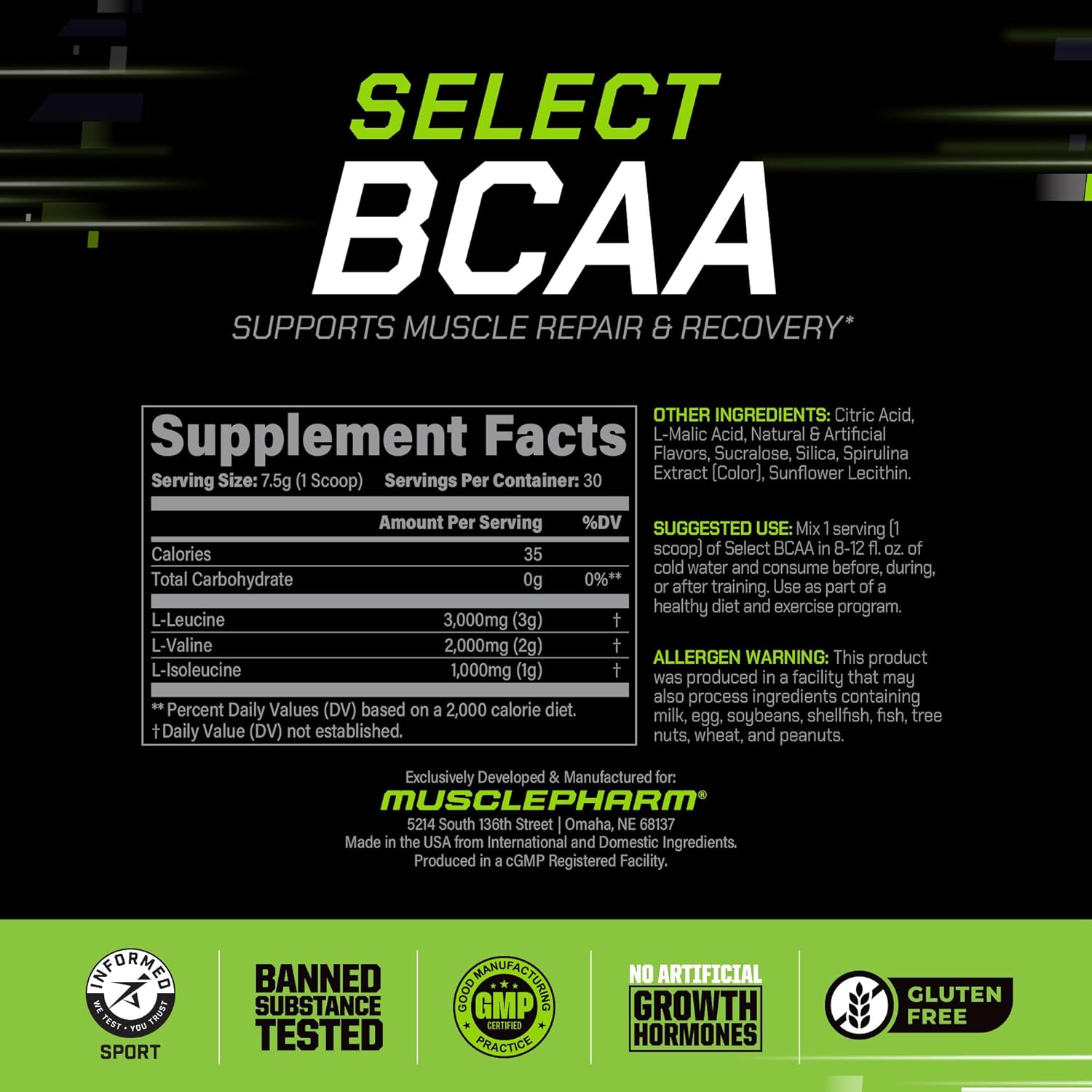 MusclePharm BCAA em Pó Suplemento de Aminoácidos Essenciais, 30 Doses (225 gramas)