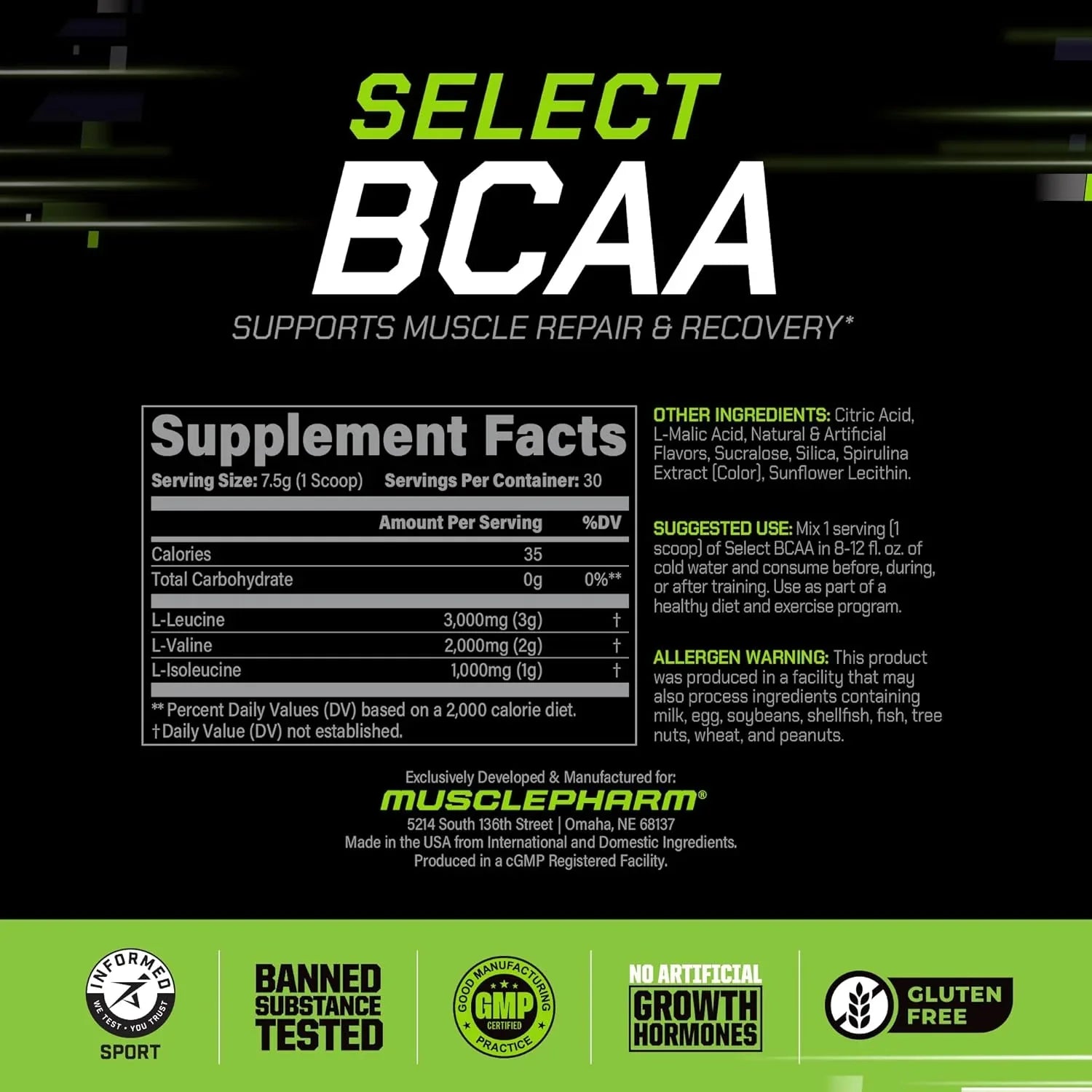 Informação nutricional do MusclePharm Select BCAA com 6g de aminoácidos por dose.