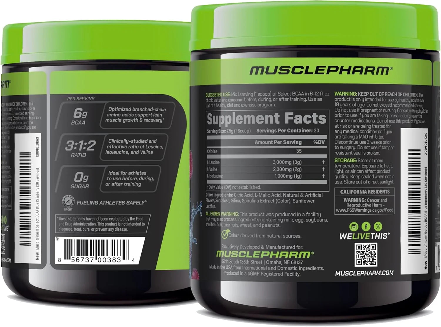 Dois potes de suplemento MusclePharm Select BCAA, tampa verde, informações nutricionais visíveis.