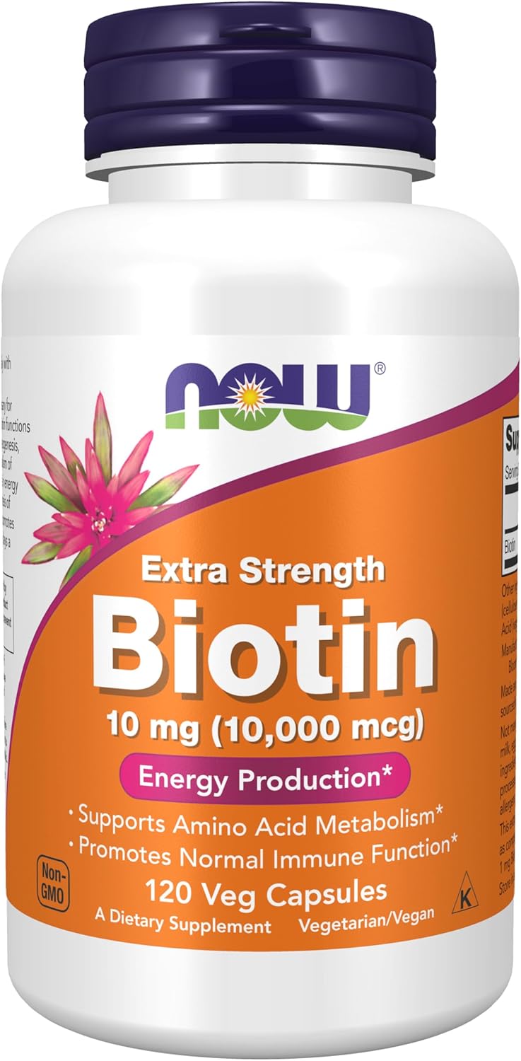 Frasco do suplemento NOW Biotina Força Extra 10mg com 120 cápsulas vegetais sobre um fundo branco.
