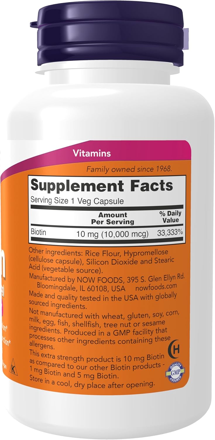 Tabela nutricional e informações do suplemento NOW Biotina Força Extra 10mg.
