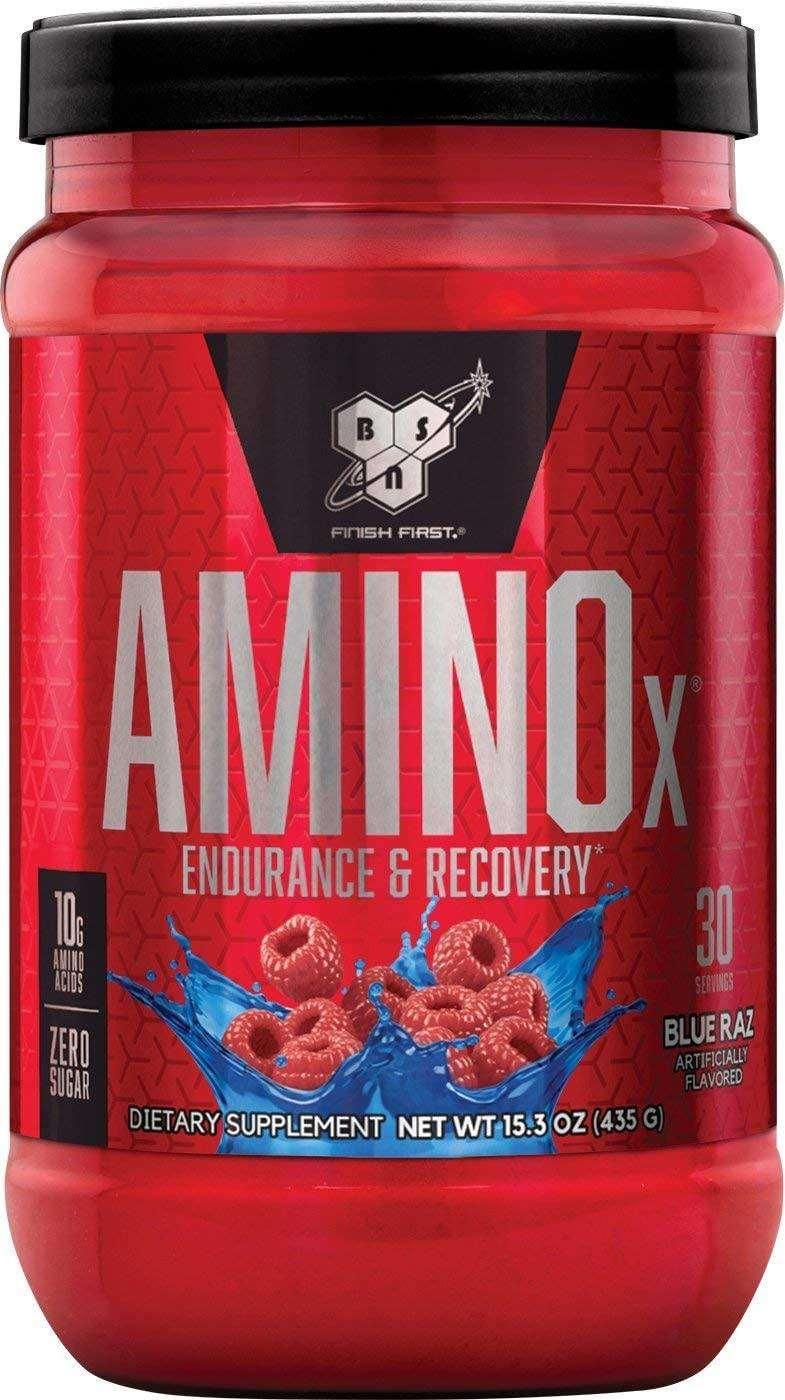 Pote do suplemento BSN Amino X, BCAA em pó para recuperação e resistência, embalagem de 30 doses, com o rótulo da BSN em destaque.