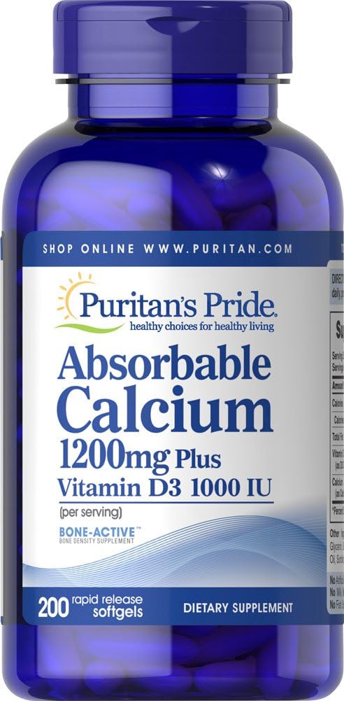 Puritan's Pride Cálcio Absorvível 1200 mg com Vitamina D3 1000 UI, 200 Caps