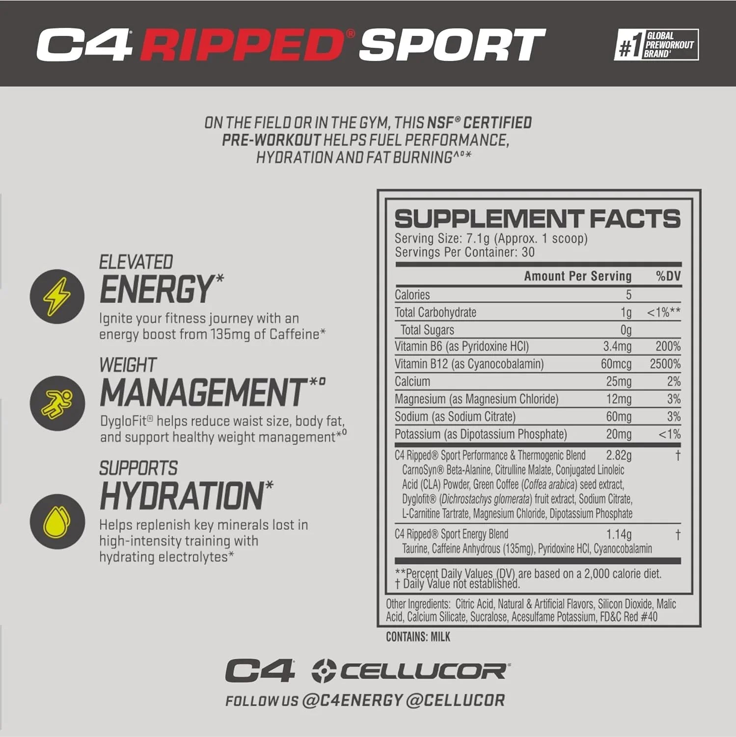 Informação nutricional do C4 Ripped Sport com cafeína, L-carnitina e Capsimax.