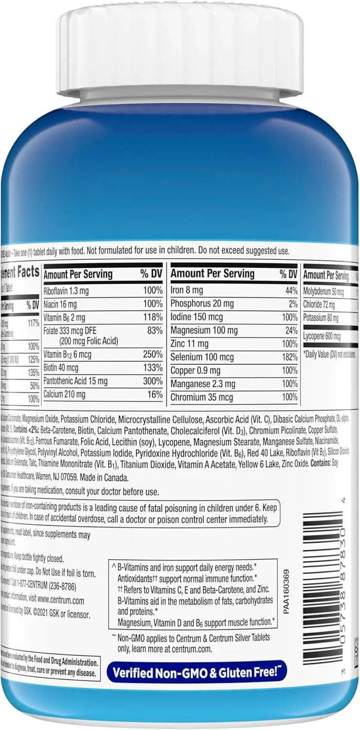 Centrum Men's verificado Non-GMO e sem glúten, fabricado nos EUA.