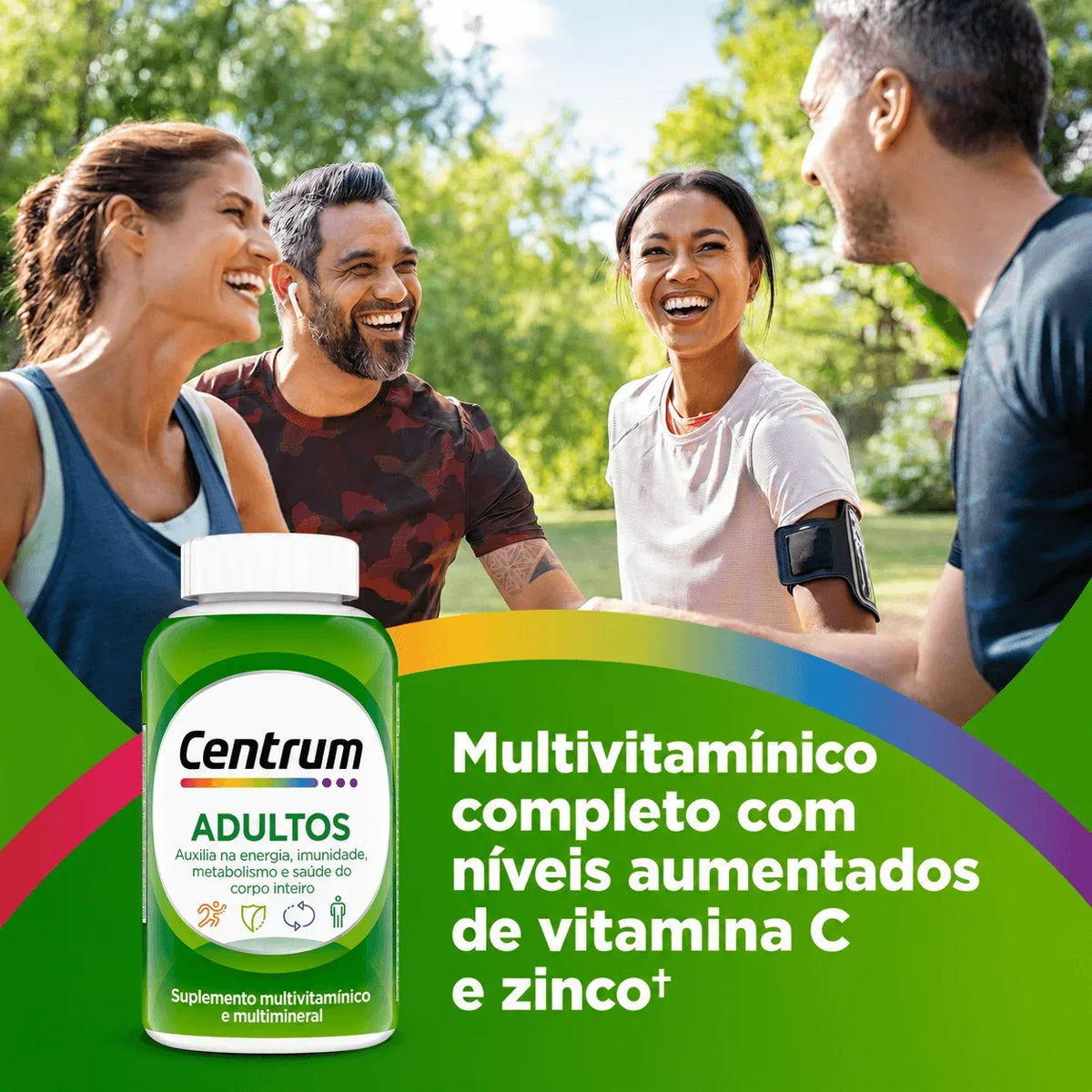 Adultos reunidos ao ar livre com frasco do Centrum Adultos Multivitamínico.