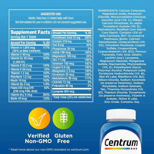 Rótulo de suplemento Centrum com vitaminas, minerais, não GMO e sem glúten, importado dos EUA para o Brasil