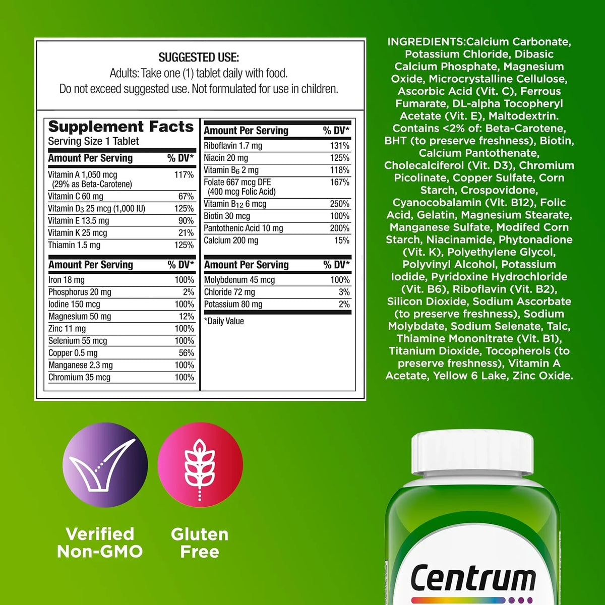 Tabela nutricional do Centrum Adultos com vitaminas, minerais e quantidades por comprimido.