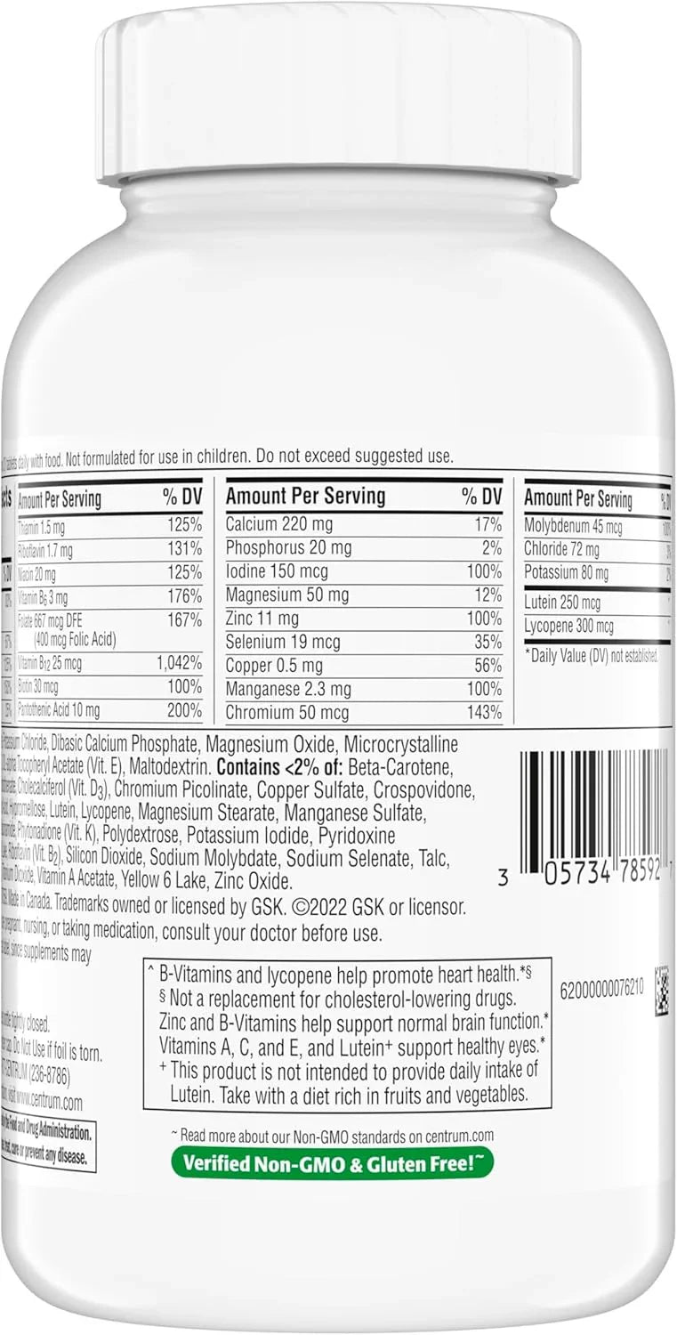 Centrum Minis Silver Non-GMO e sem glúten, fabricado nos EUA.