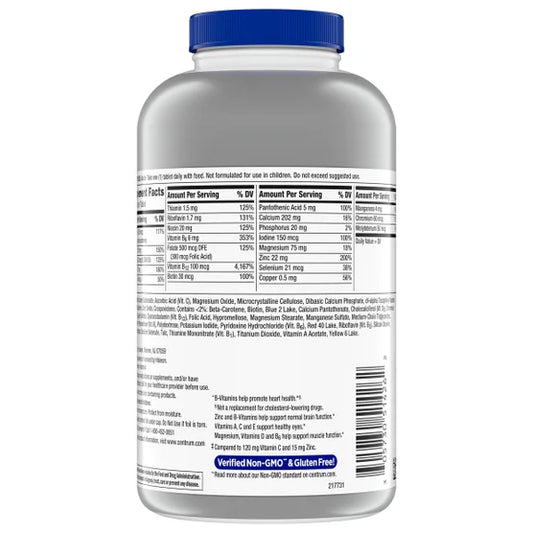 Tabela de composição nutricional da nova fórmula americana do Centrum Silver Men 275 comprimidos, listando vitaminas e minerais.