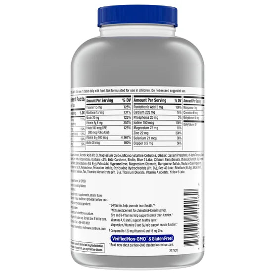 Tabela de composição nutricional da nova fórmula americana do Centrum Silver Men 275 comprimidos, listando vitaminas e minerais.