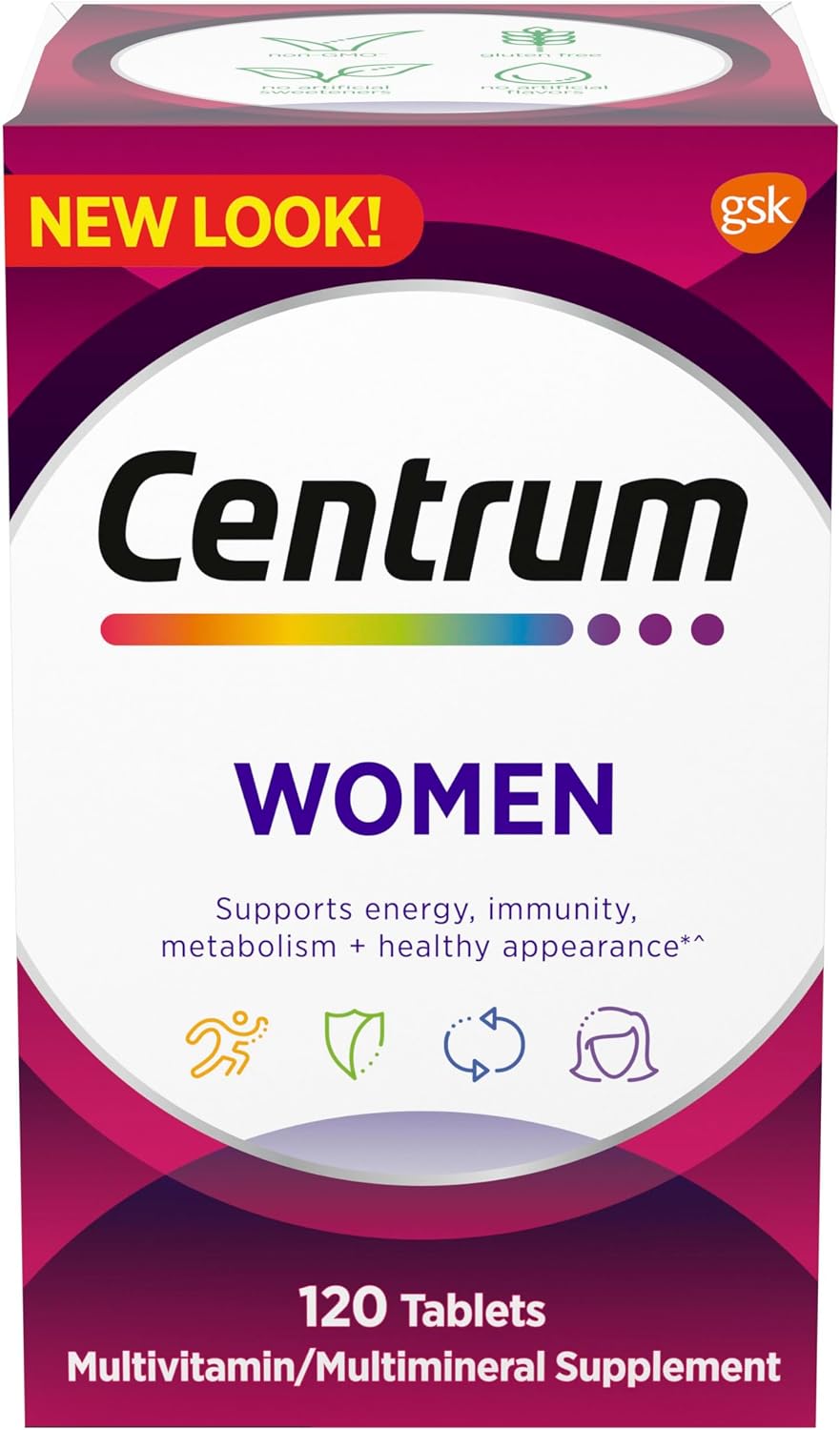 Embalagem do Centrum Women multivitamínico para mulheres com 120 comprimidos.