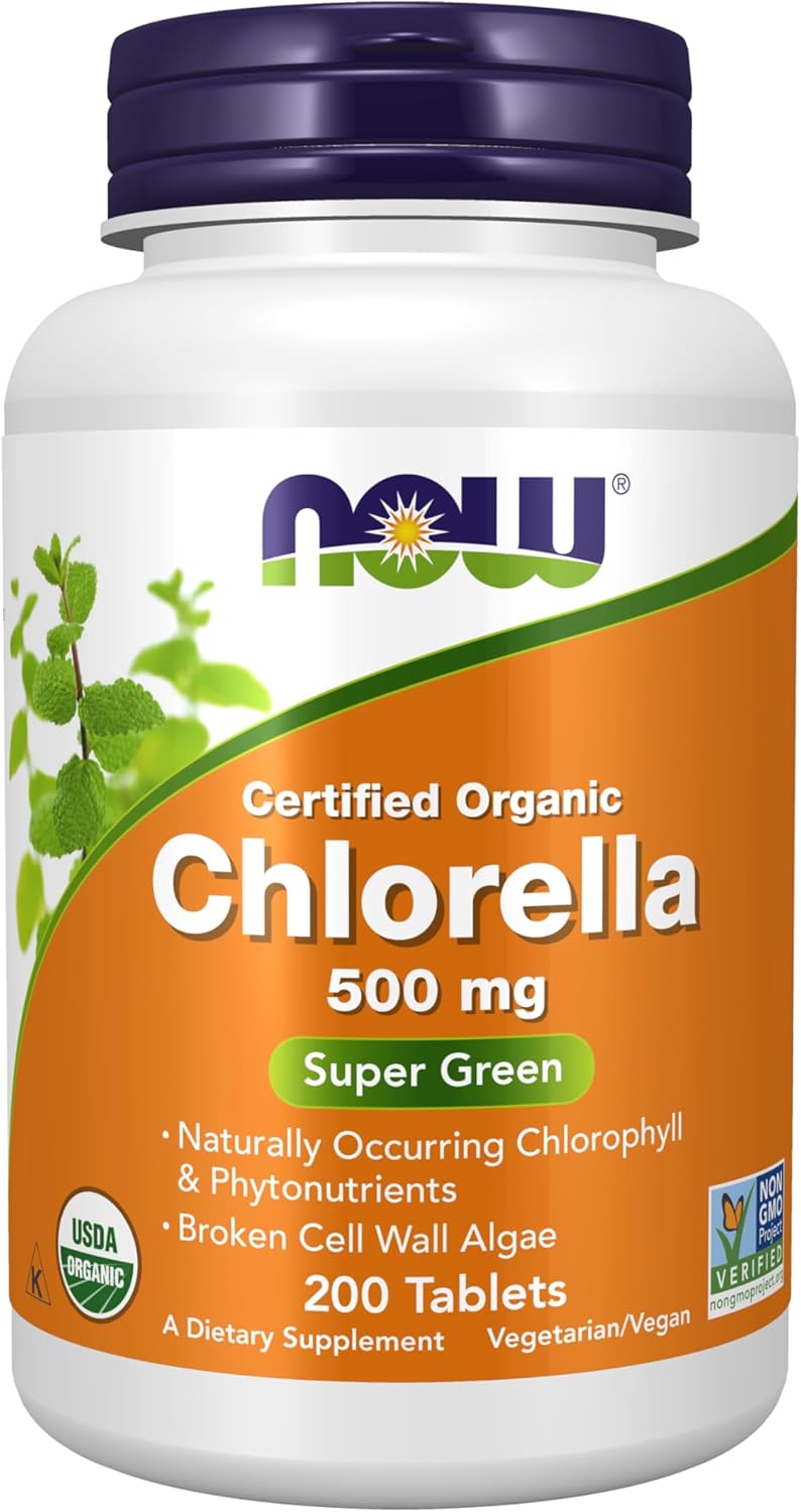 Frente do frasco NOW Foods Organic Chlorella 500mg com 200 tabletes – suplemento natural detox vegano