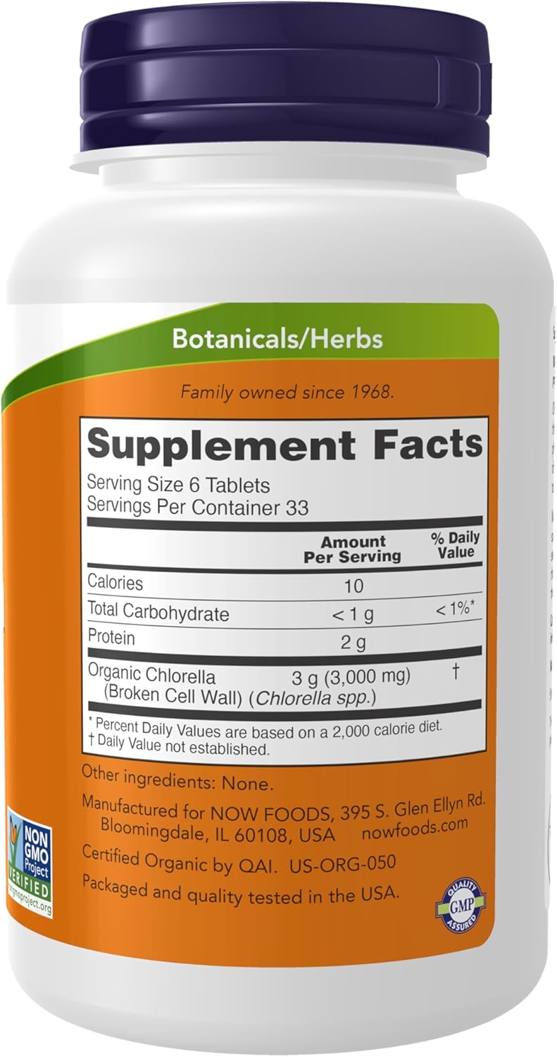 Frasco NOW Foods Organic Chlorella 500mg com 200 tabletes – suplemento natural detox vegano