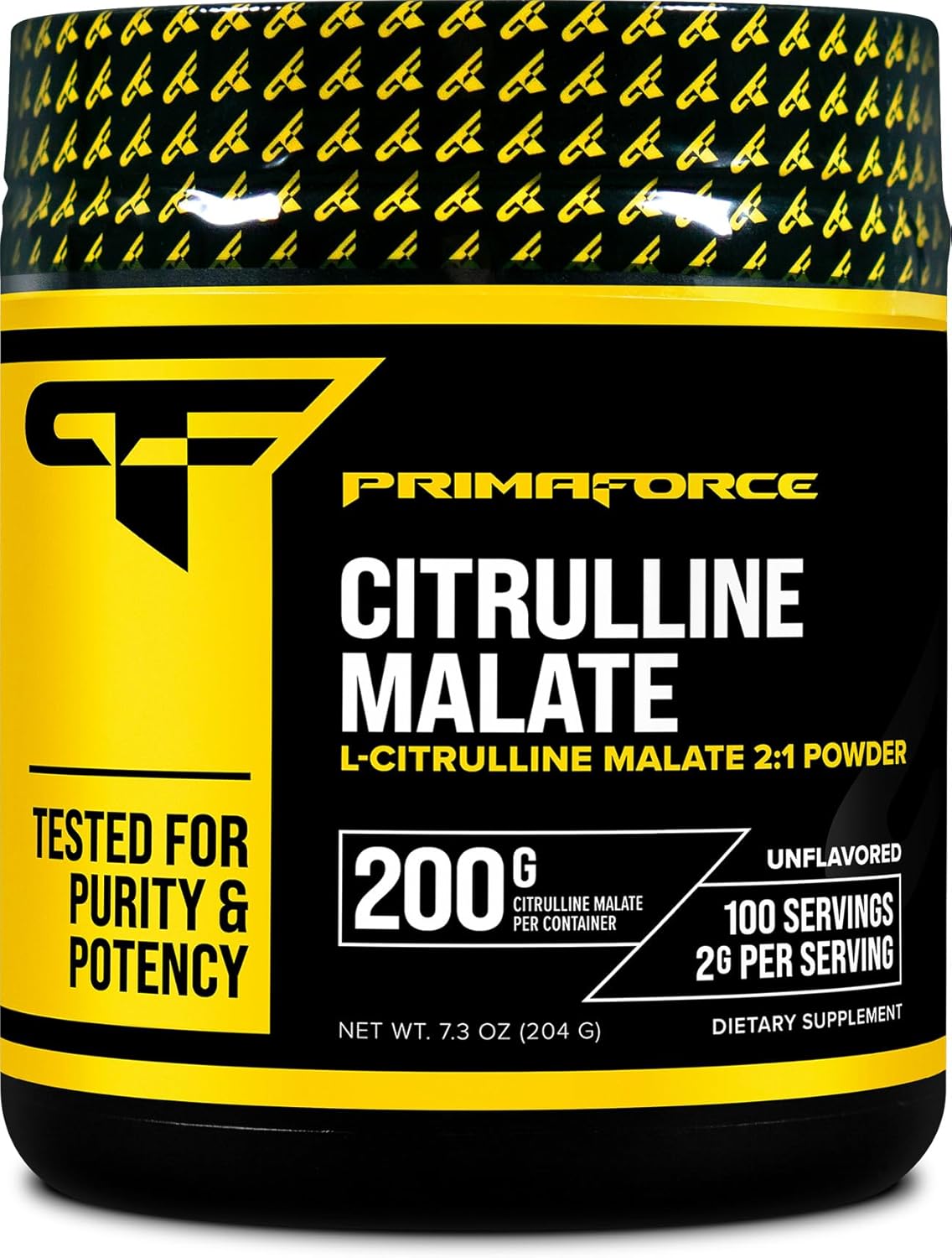 Pote do suplemento Primaforce Citrulline Malate, um pó de citrulina malato pura com 200 gramas, mostrando o rótulo preto e branco da marca.