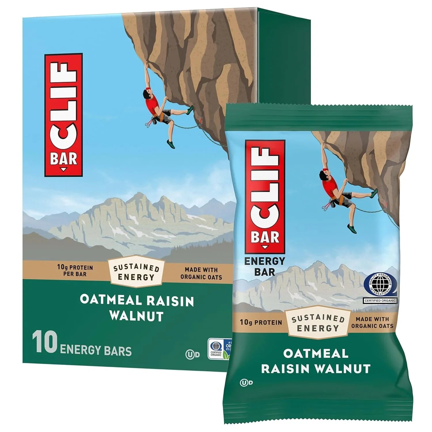 Caixa CLIF BAR Oatmeal Raisin Walnut com 10 barras energéticas.