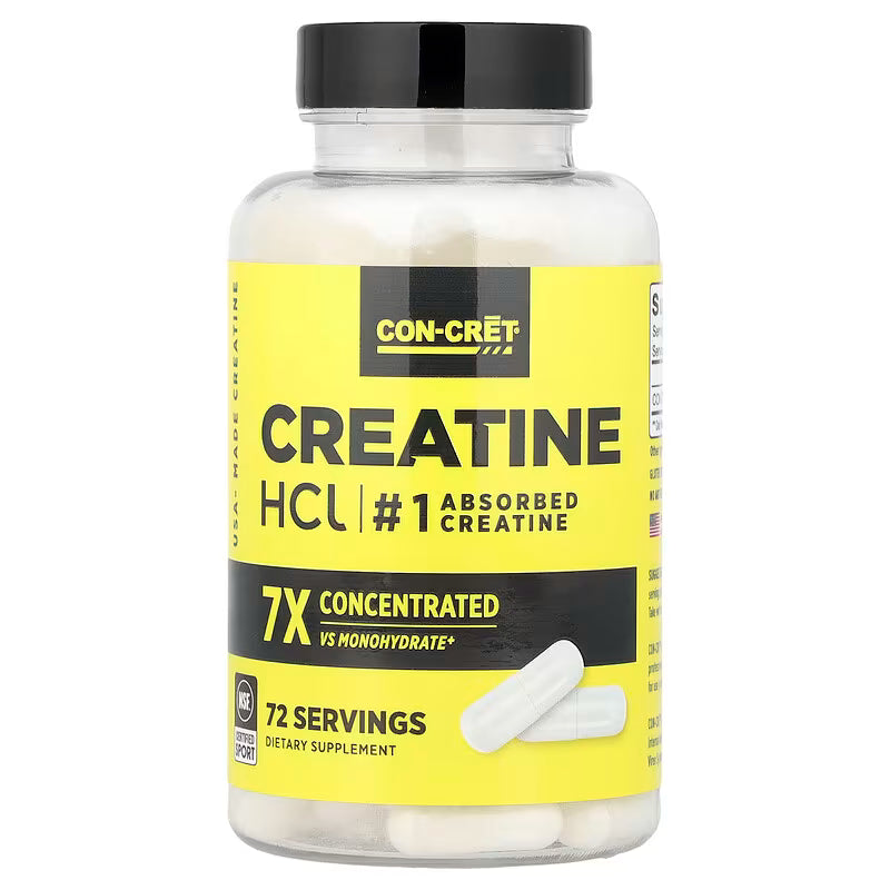 Frasco amarelo de Con-Cret Creatine HCL 72 cápsulas