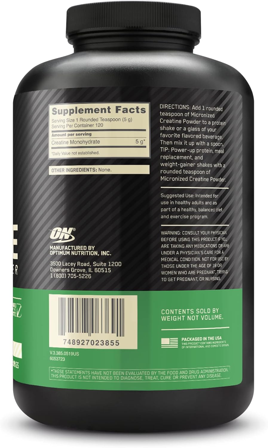Informações nutricionais e ingredientes da Creatina Monoidratada Optimum Nutrition com creatina 100% pura