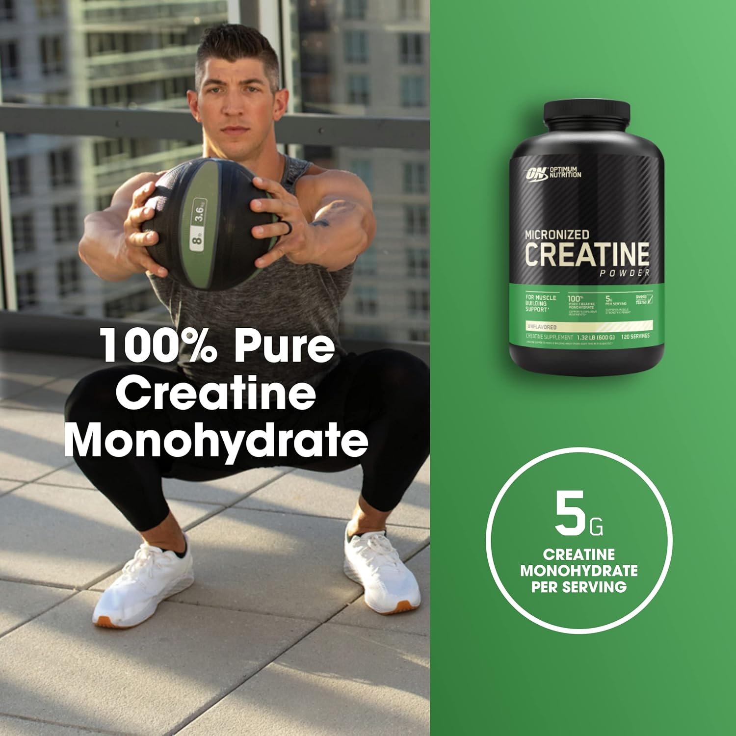 Suplemento de creatina micronizada Optimum Nutrition ao lado de um atleta treinando, para aumento de força e performance