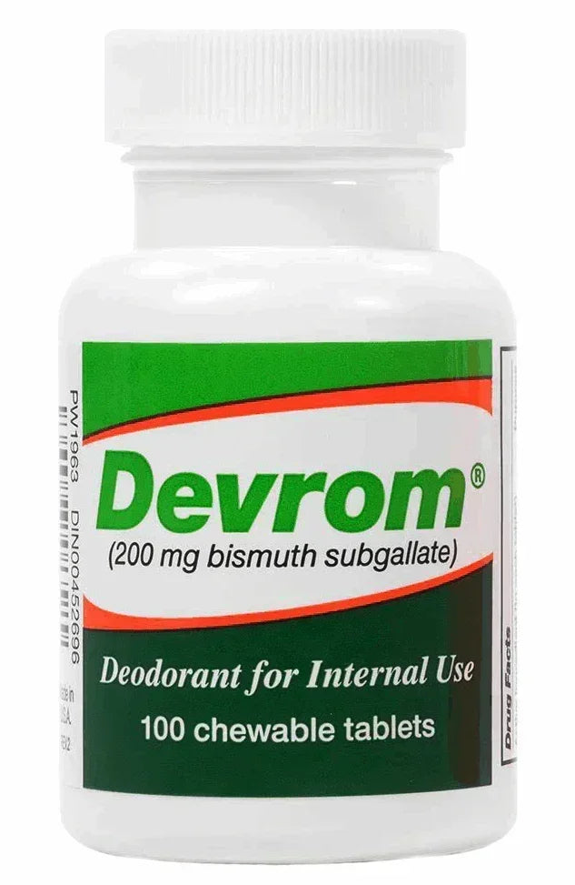 Frasco do desodorante interno Devrom 200mg com 100 comprimidos mastigáveis para flatulência, produto original dos EUA vendido pela Nutrivita.