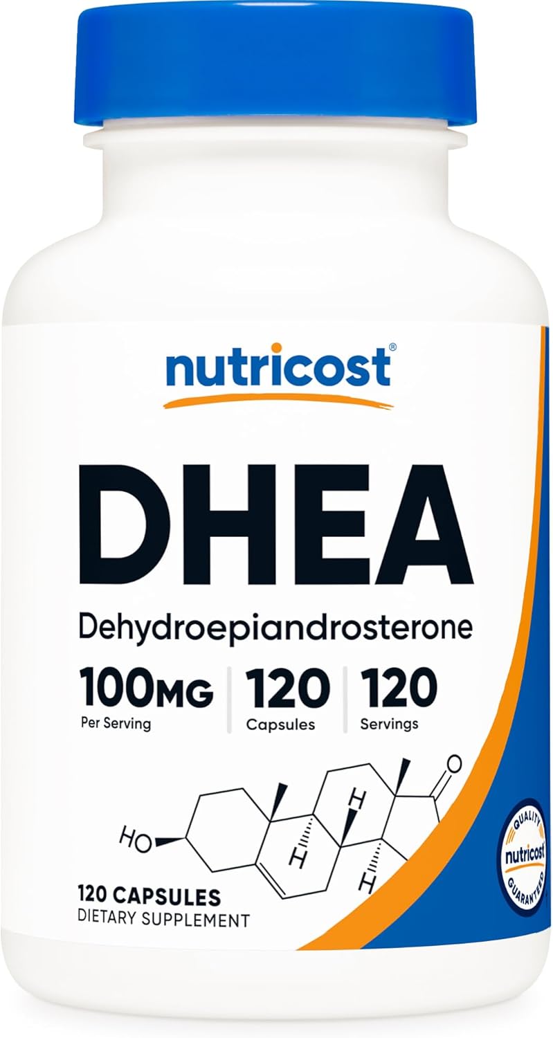Frasco de Nutricost DHEA 100mg com 120 cápsulas, suplemento para equilíbrio hormonal e vitalidade.