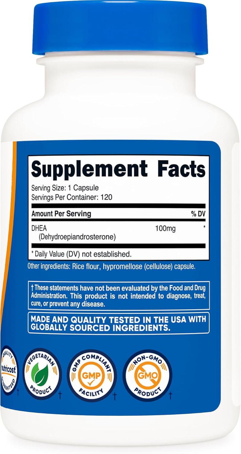 Selos de qualidade do DHEA Nutricost: Testado por terceiros, GMP, Sem Glúten e Não-Transgênico.