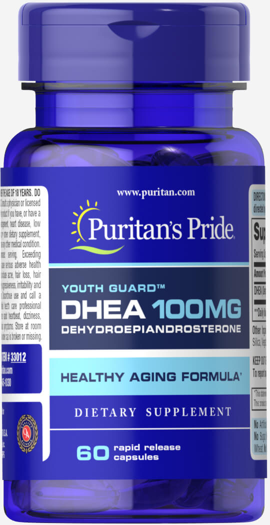 Frente do frasco Puritan’s Pride DHEA 100 mg com 60 cápsulas de liberação rápida.