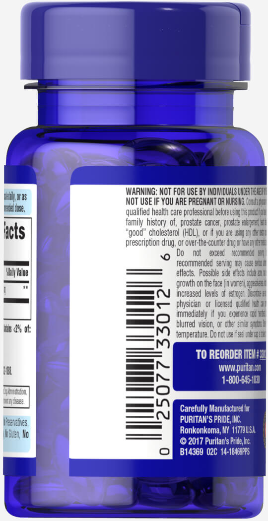 Verso do frasco Puritan’s Pride DHEA 100 mg com advertências e código de barras.