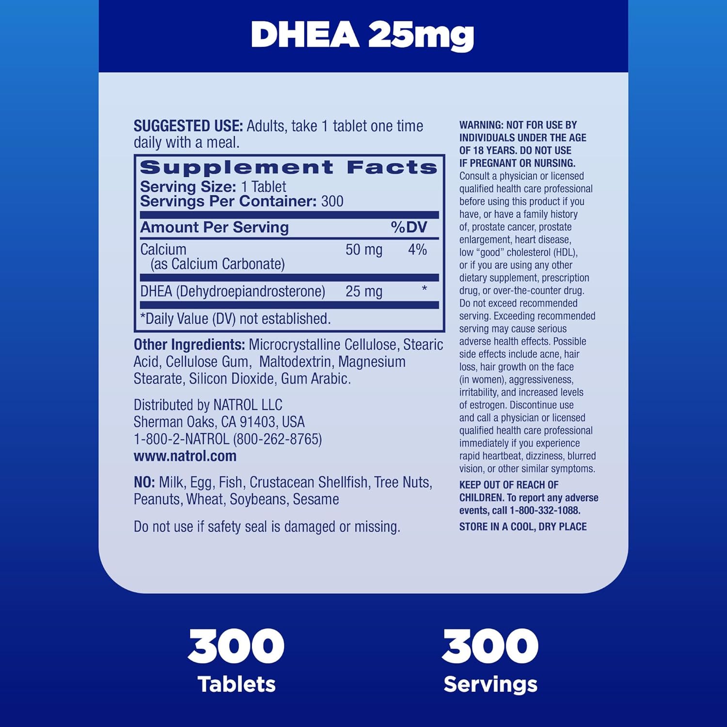 Natrol DHEA 25mg 300 Tablets - Últimas Unidades Data de Expiração Dezembro 2025