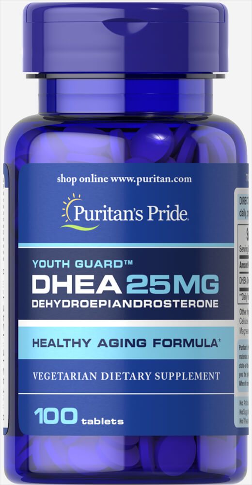 Frasco de suplemento DHEA 25mg Puritan's Pride 100 comprimidos.