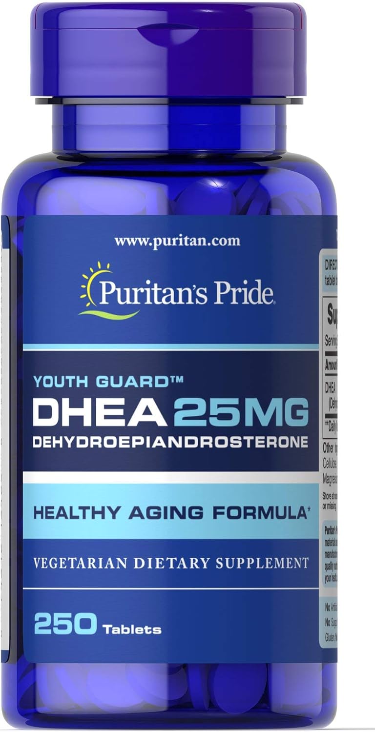 Frasco do suplemento DHEA 25mg Puritan’s Pride com 250 comprimidos, importado dos EUA, vendido pela NutriVita com frete grátis e impostos pagos.