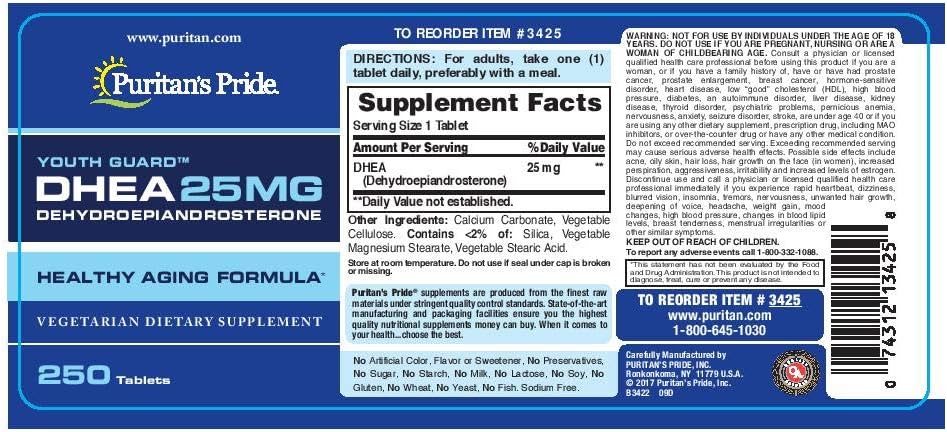 Frasco do suplemento DHEA 25mg Puritan’s Pride com 250 comprimidos, importado dos EUA, vendido pela NutriVita com frete grátis e impostos pagos.
