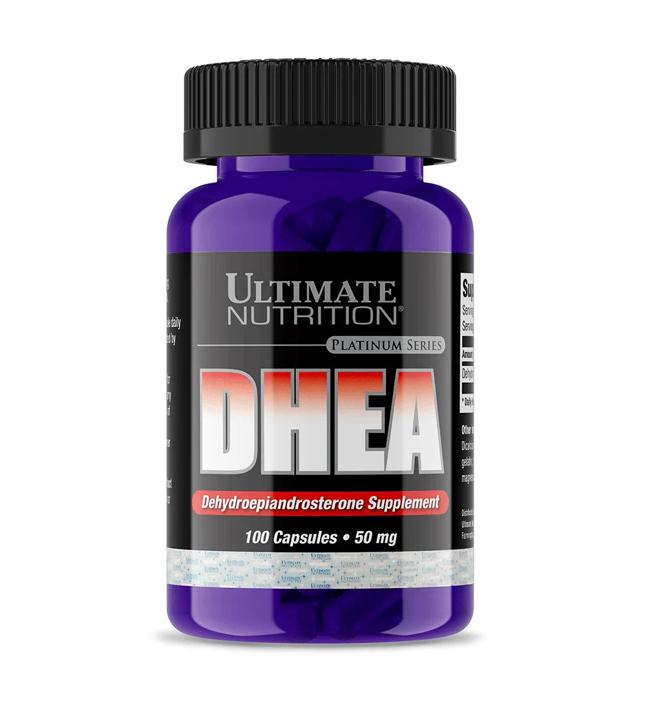 Frasco roxo Ultimate Nutrition DHEA Platinum Series 50 mg com 100 cápsulas e tampa preta, visto de frente.