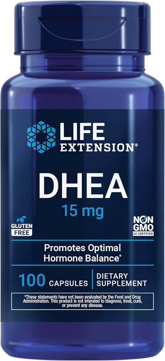 Frasco de Life Extension DHEA 15 mg com 100 cápsulas em fundo branco, destacando o rótulo azul e dourado original.