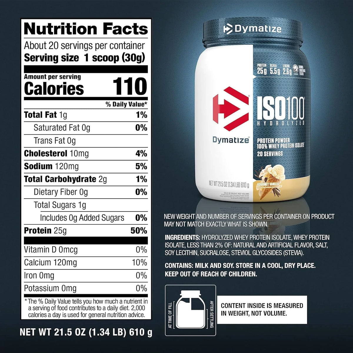 Tabela nutricional Dymatize ISO100 Gourmet Vanilla 610 g