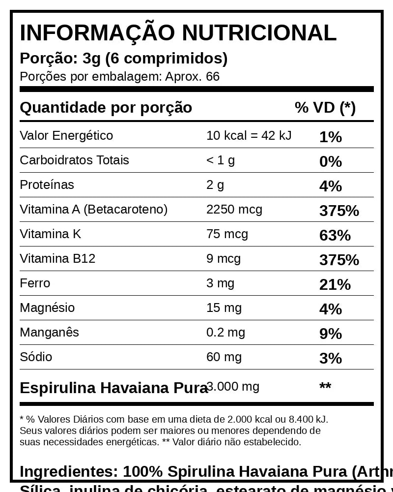 Detalhe dos ingredientes e informações nutricionais da Spirulina Havaiana Pura.
