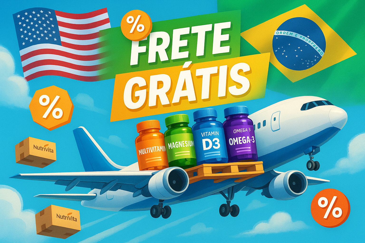 frete grátis, brazil, desconto, airplane flying from USA to Brazil, vitamins