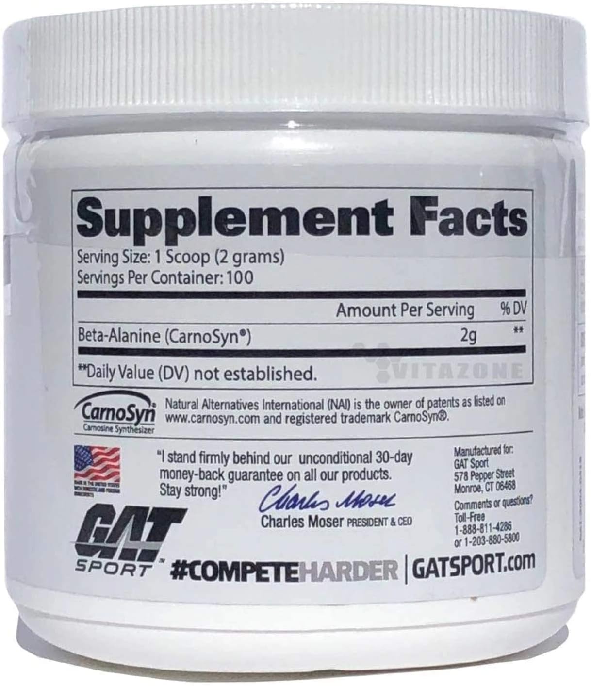 GAT Beta Alanina em Pó 200 gramas, 100 Doses, Sem Sabor - NutriVita