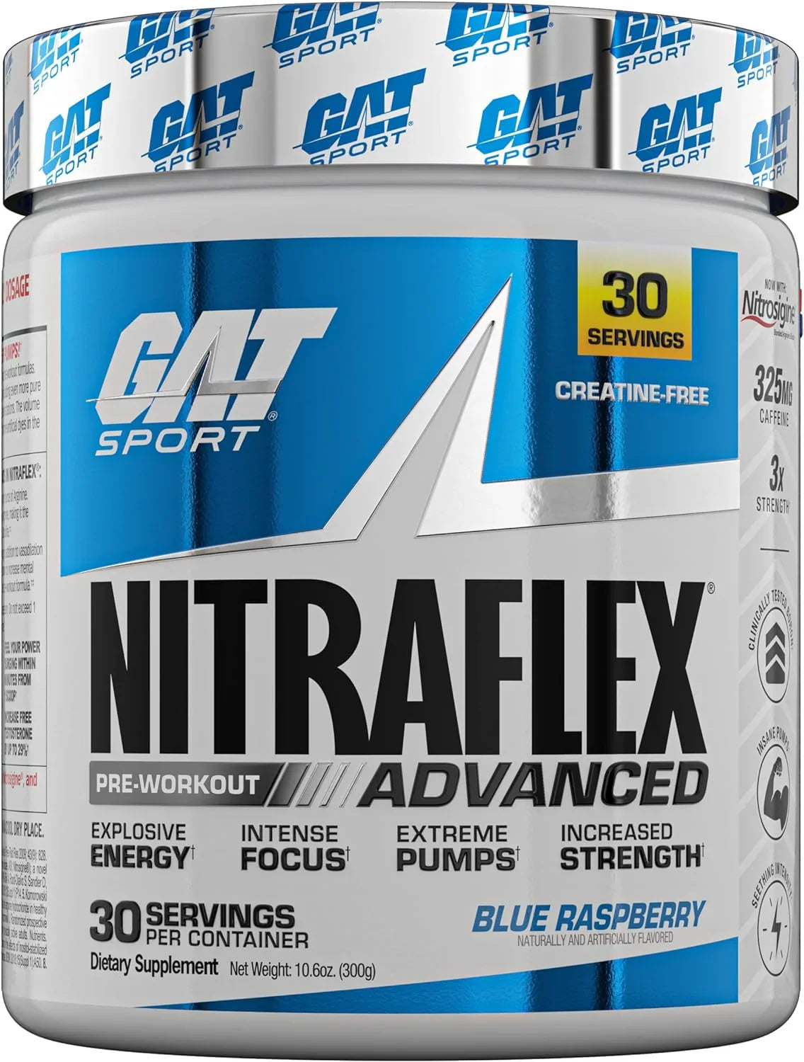 Pote do suplemento pré-treino GAT Nitraflex Advanced 300 gramas em fundo branco, destacando o rótulo frontal com a menção ao Nitrosigine.