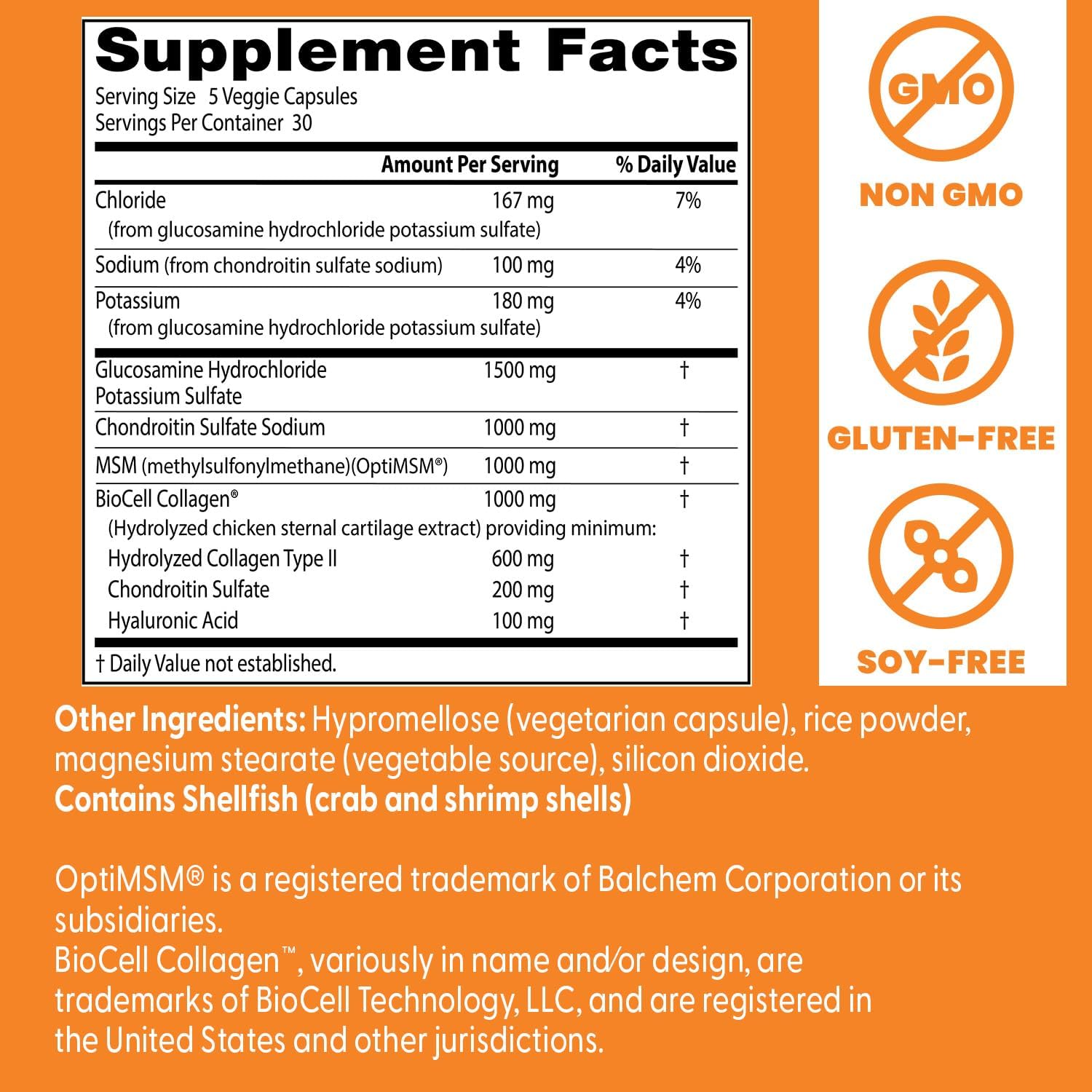 Composição nutricional Doctor's Best Glucosamina Condroitina MSM + Ácido Hialurônico com MSM e Colágeno Biocel 150 Caps.