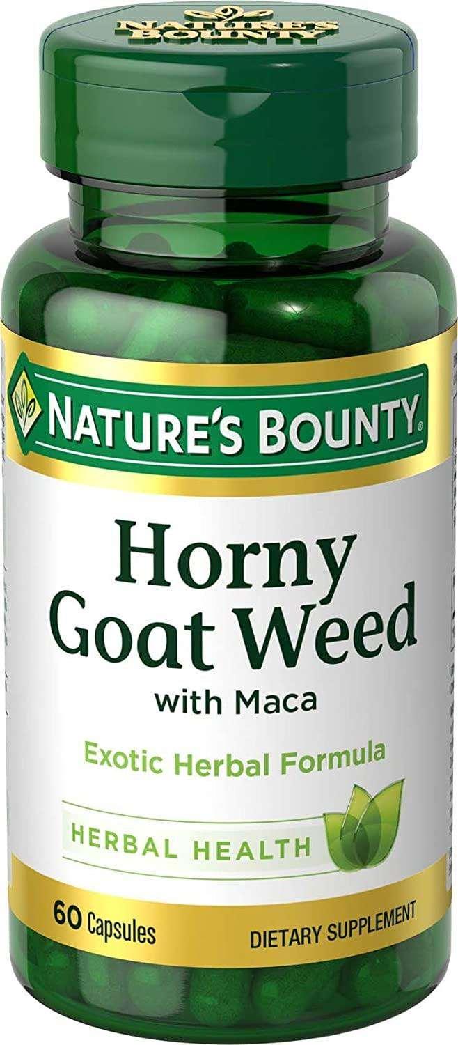 Frasco do suplemento Nature's Bounty Horny Goat Weed com Maca, 60 cápsulas, com o rótulo da marca em destaque sobre um fundo branco.