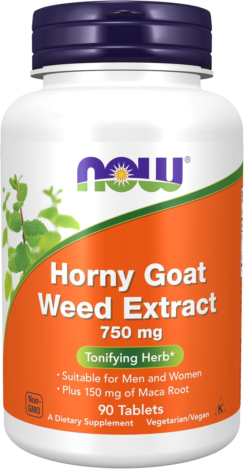 NOW Foods Horny Goat Weed com Maca 750 mg frasco com 90 comprimidos.