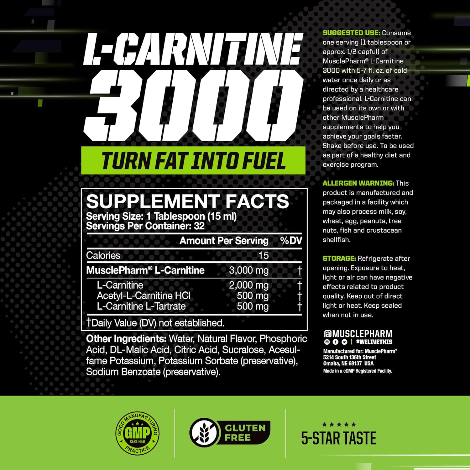 Muscle Pharm L-Carnitina 3000 Suplemento Líquido 32 Doses