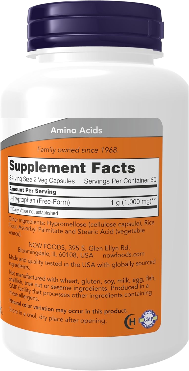 Frasco do L-Triptofano 500 mg da NOW Foods com 120 cápsulas vegetais.