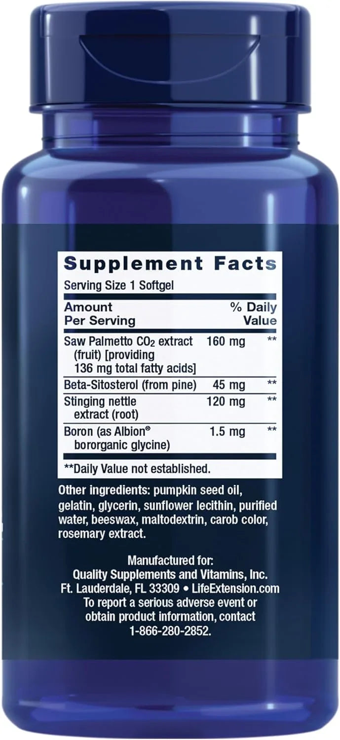 Tabela nutricional Life Extension PalmettoGuard por softgel: saw palmetto 160 mg, beta-sitosterol, urtiga e boro